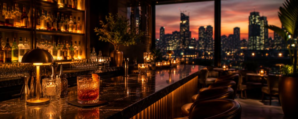 elegant rooftop bar at dusk